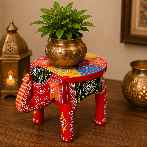 Handcrafted & Hand Painted Wooden Elephant Stool – 8 Inch