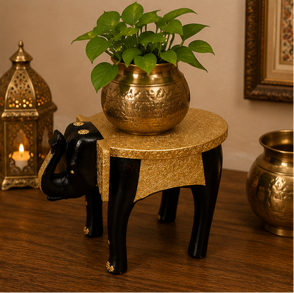 HandTrendytix Handcrafted Wooden Elephant Stool with Antique Gold Finish – Premium Decorative Side Stool