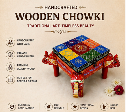 Handcrafted & Hand Painted Wooden Elephant Chowki with Multistorage Box– 11 Inch
