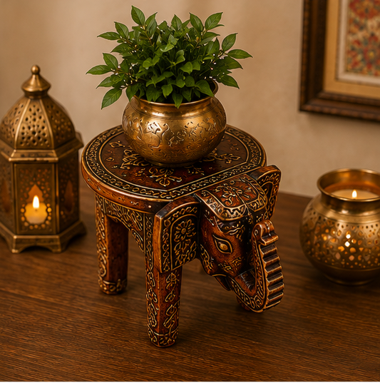 Trendytix Handcrafted Hand-Carved Antique Wooden Elephant Stool – Vintage Decorative Side Table