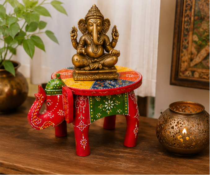 Handcrafted & Hand Painted Wooden Elephant Stool – 6 Inch