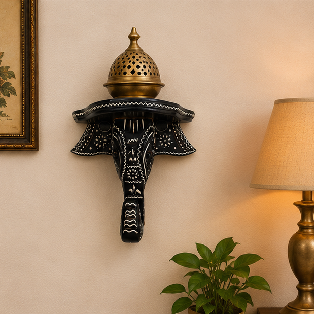 Royal Handcrafted Wooden Elephant Wall Bracket Shelf – Black