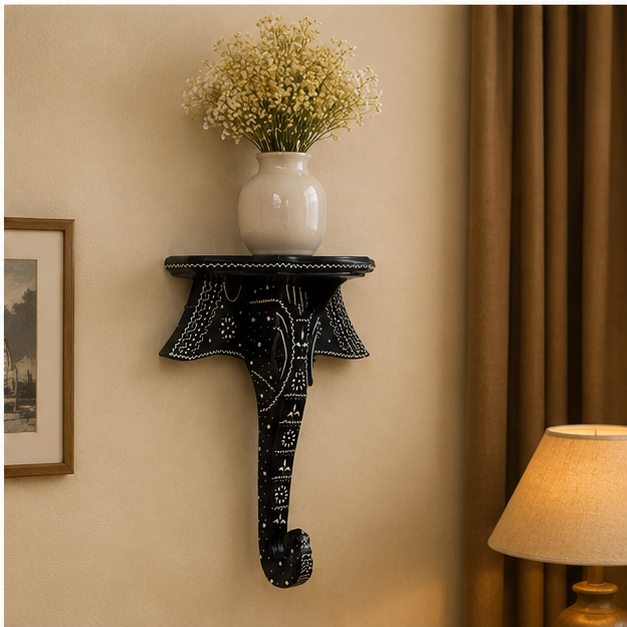 Heritage Handcrafted Elephant Wooden Wall Bracket Shelf – Black