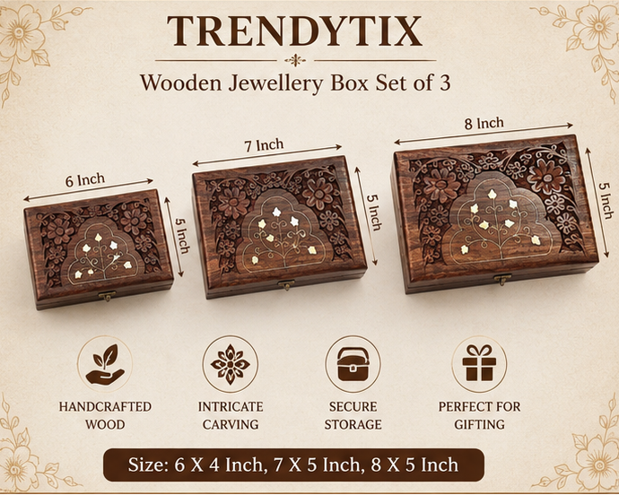 Trendytix Heritage Wooden Jewellery Box Set of 3 - Handcrafted