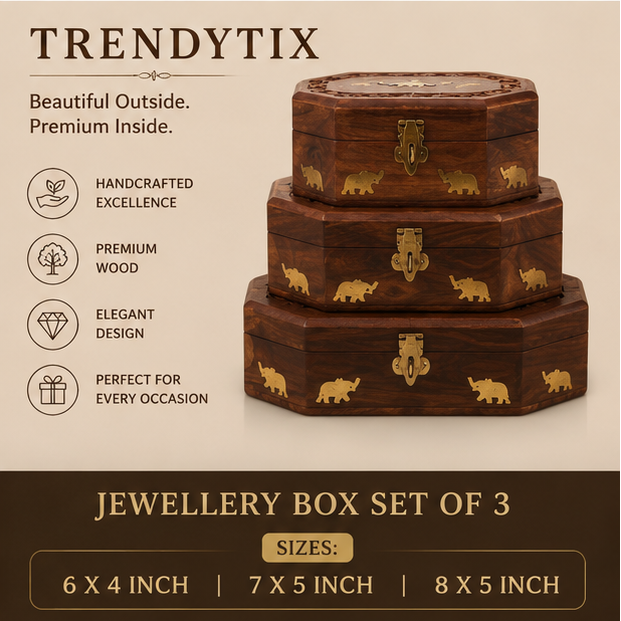 Octagonal Royal Elephant Inlay Wooden Jewellery Box Set of 3 - Handcrafted