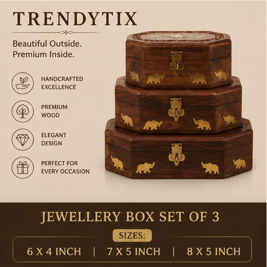 Octagonal Royal Elephant Inlay Wooden Jewellery Box Set of 3 - Handcrafted