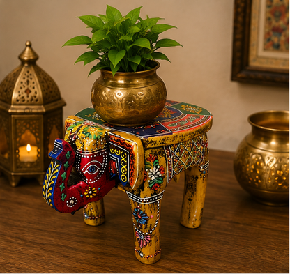 Trendytix Handcrafted & Hand-Painted Multicolor Wooden Elephant Stool – Traditional Folk Art Side Table