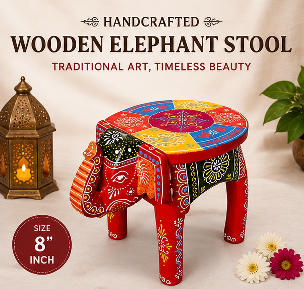 Handcrafted & Hand Painted Wooden Elephant Stool – 8 Inch