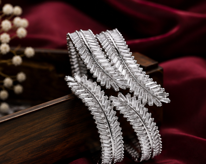 Royal Blossom Crystal Handcrafted American Diamond Bracelet Pair - Silver