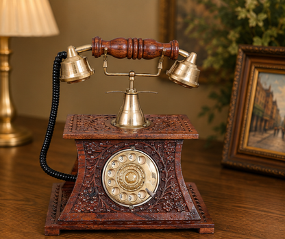 Heritage Handcrafted Carved Wooden Vintage Telephone