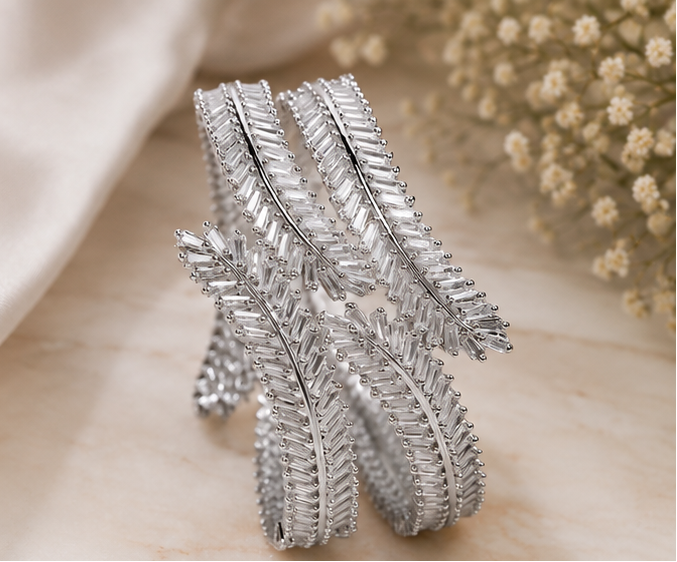 Royal Blossom Crystal Handcrafted American Diamond Bracelet Pair - Silver