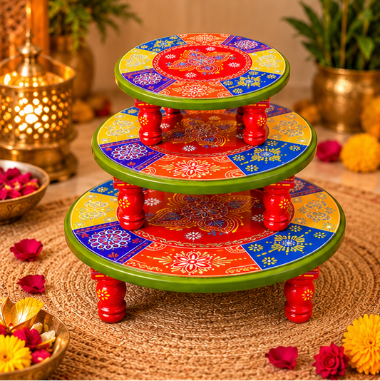 Hand-Painted Wooden Round Chowki Set – Traditional 3 Decorative Stool | 12, 15 & 18 Inch
