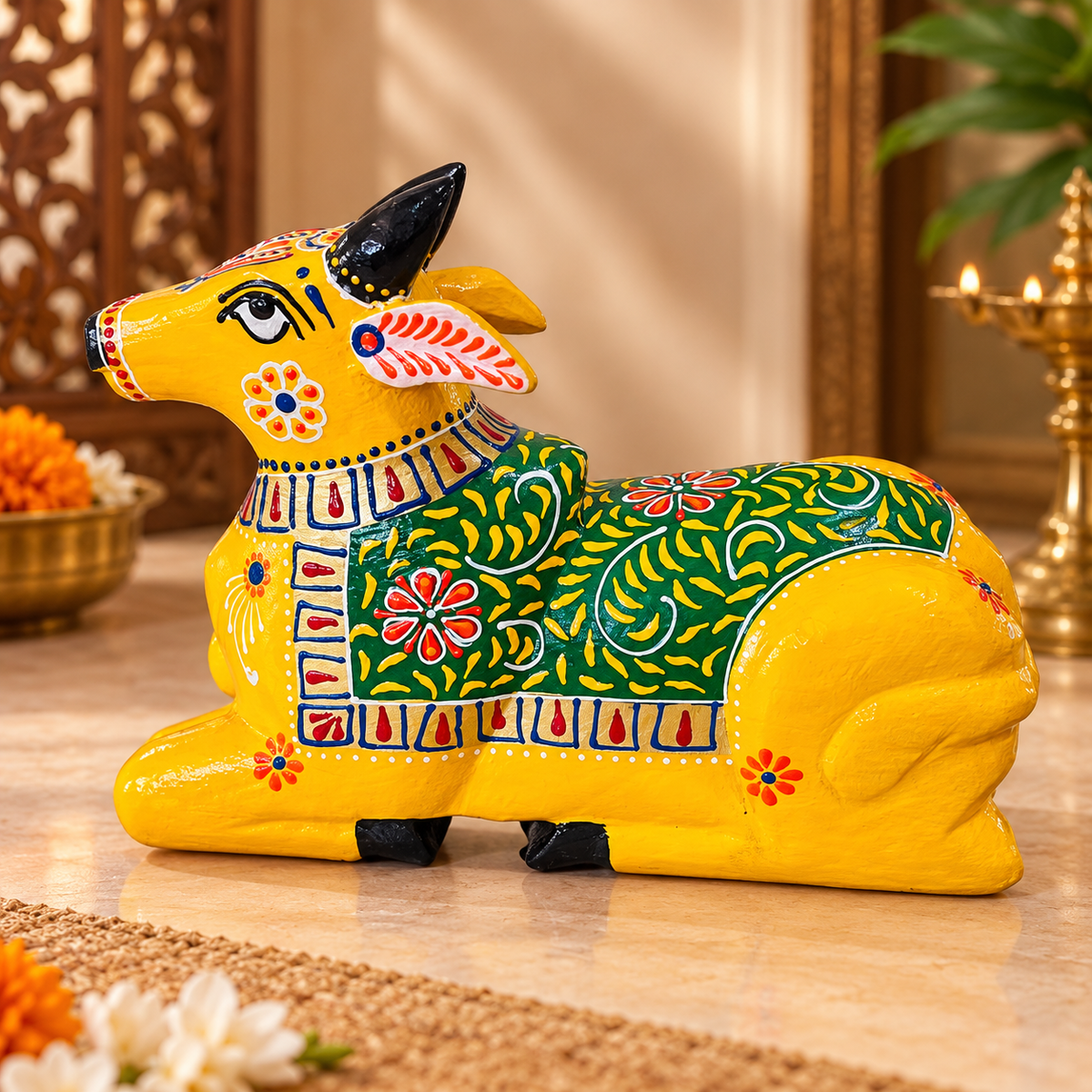 Handcrafted Wooden Nandi Cow – Hand-Painted Traditional Indian Décor