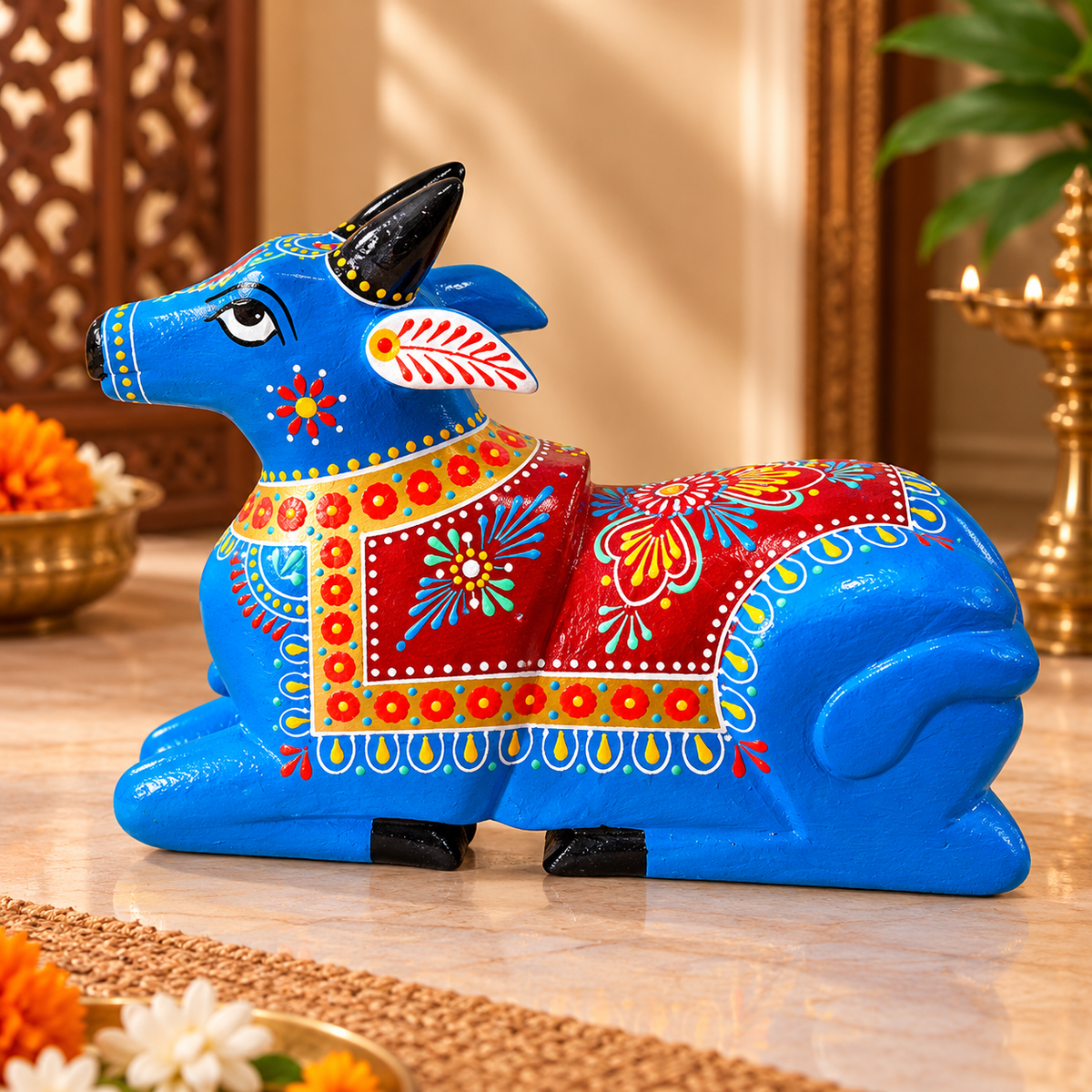 Handcrafted Wooden Nandi Cow – Hand-Painted Traditional Indian Décor