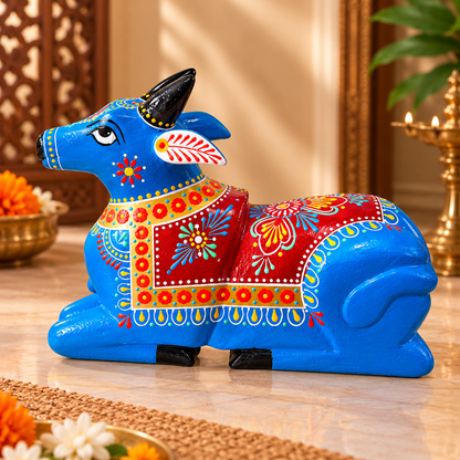 Handcrafted Wooden Nandi Cow – Hand-Painted Traditional Indian Décor