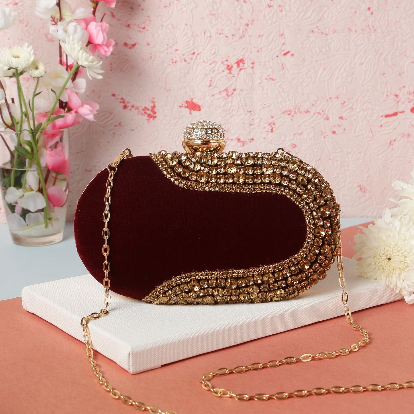 Veshakart Handmade Luxurious Designer Crystal Embroidery oval Clutches