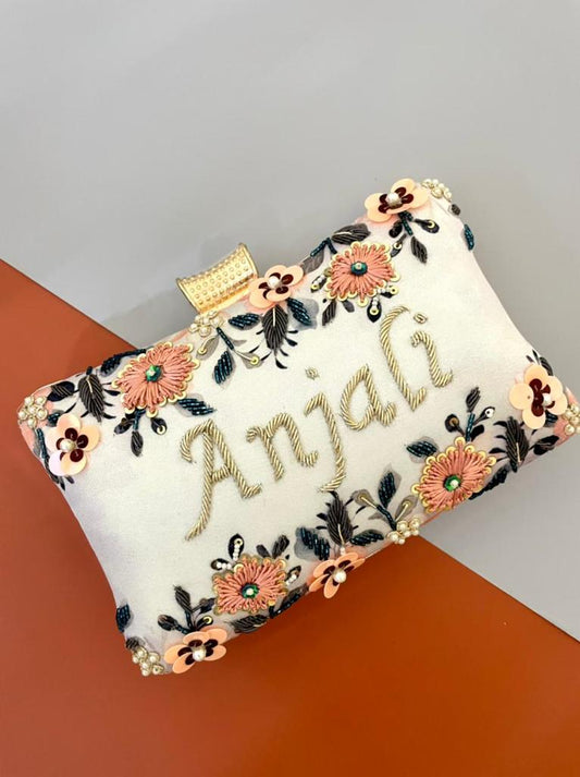 Veshakart Handmade Luxurious Designer Printed Embroidery Name Customization Clutch