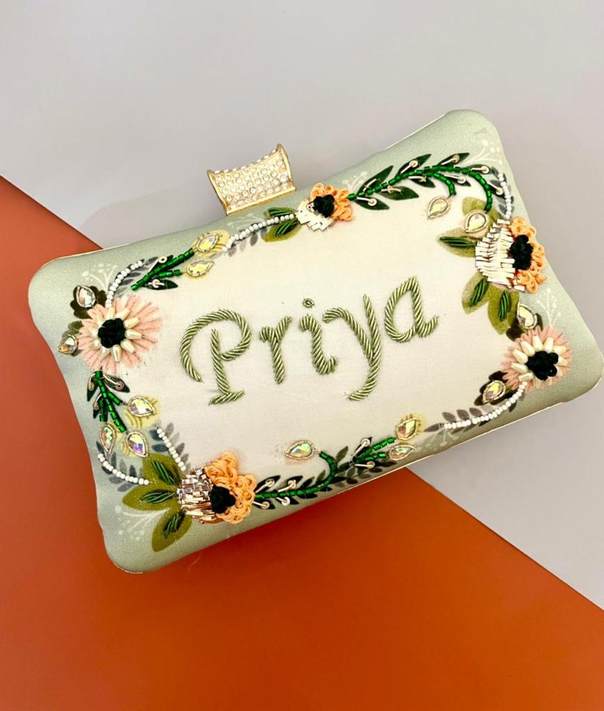 Veshakart Handmade Luxurious Designer Printed Embroidery Name Customization Clutch