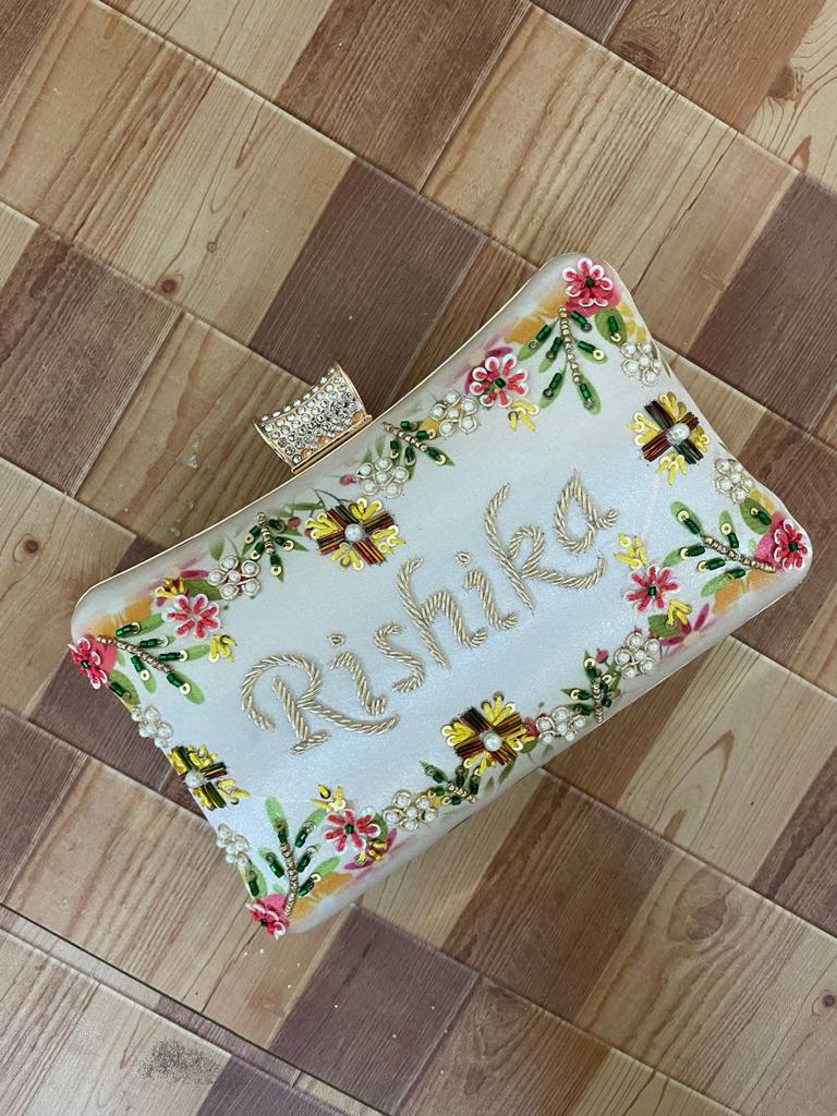 Veshakart Handmade Luxurious Designer Printed Embroidery Name Customization Clutch