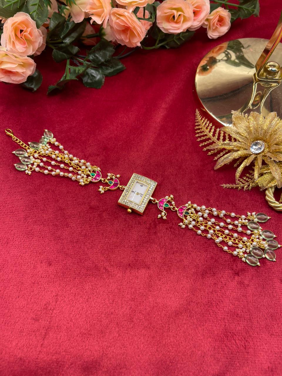 Emerald Teardrop Kundan & Pearl Watch