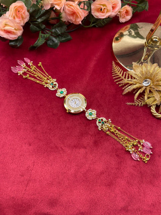 Rose Gold Floral Charm Kundan Watch