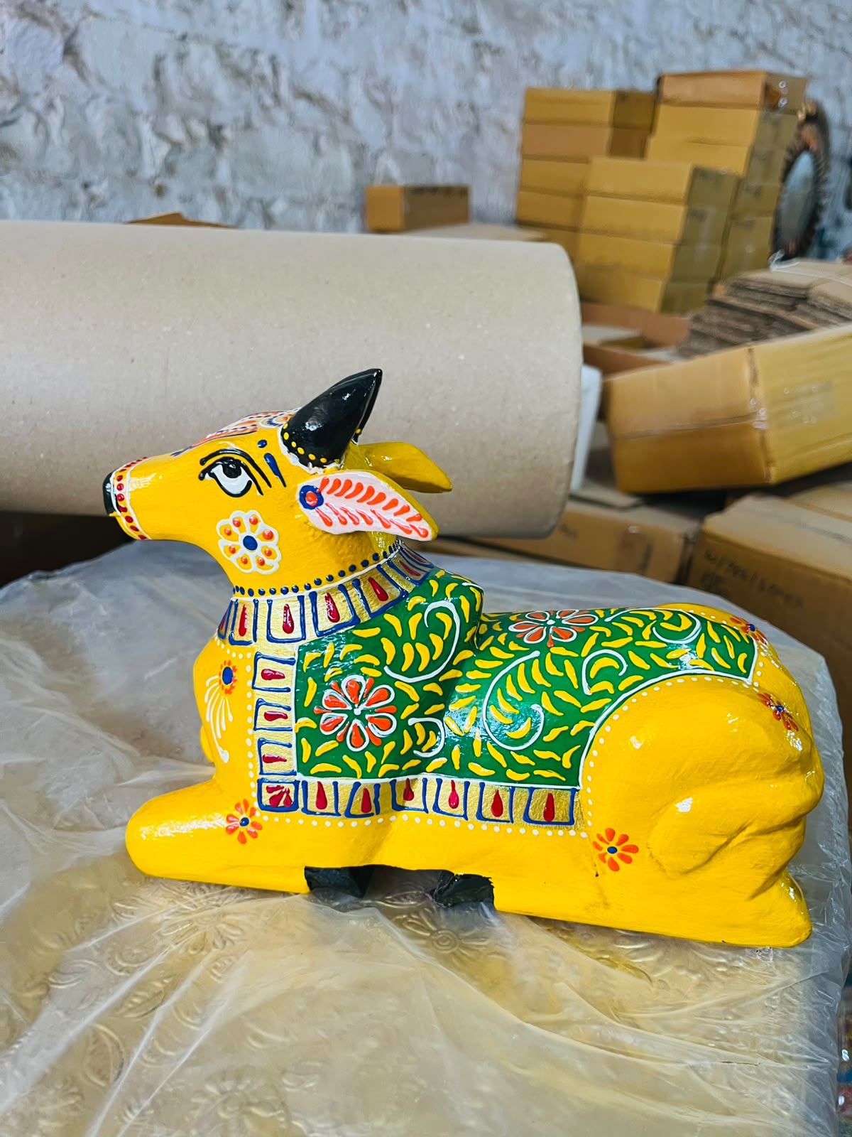 Handcrafted Wooden Nandi Cow – Hand-Painted Traditional Indian Décor