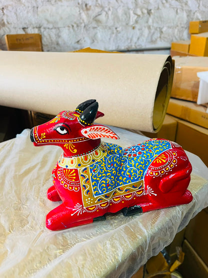 Handcrafted Wooden Nandi Cow – Hand-Painted Traditional Indian Décor