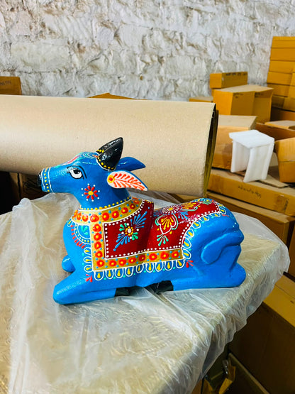Handcrafted Wooden Nandi Cow – Hand-Painted Traditional Indian Décor