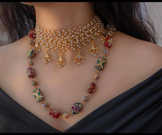 Veshakart Handcrafted Combo Pearl & Kundan Necklace Set (choker and Long)