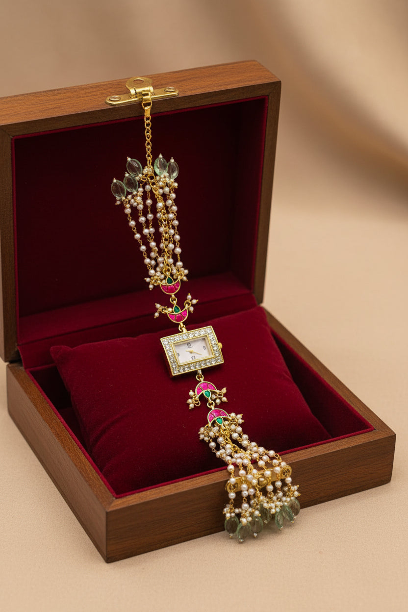 Emerald Teardrop Kundan & Pearl Watch