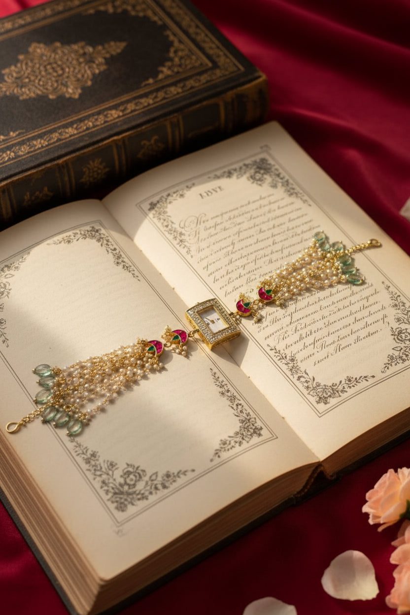 Emerald Teardrop Kundan & Pearl Watch
