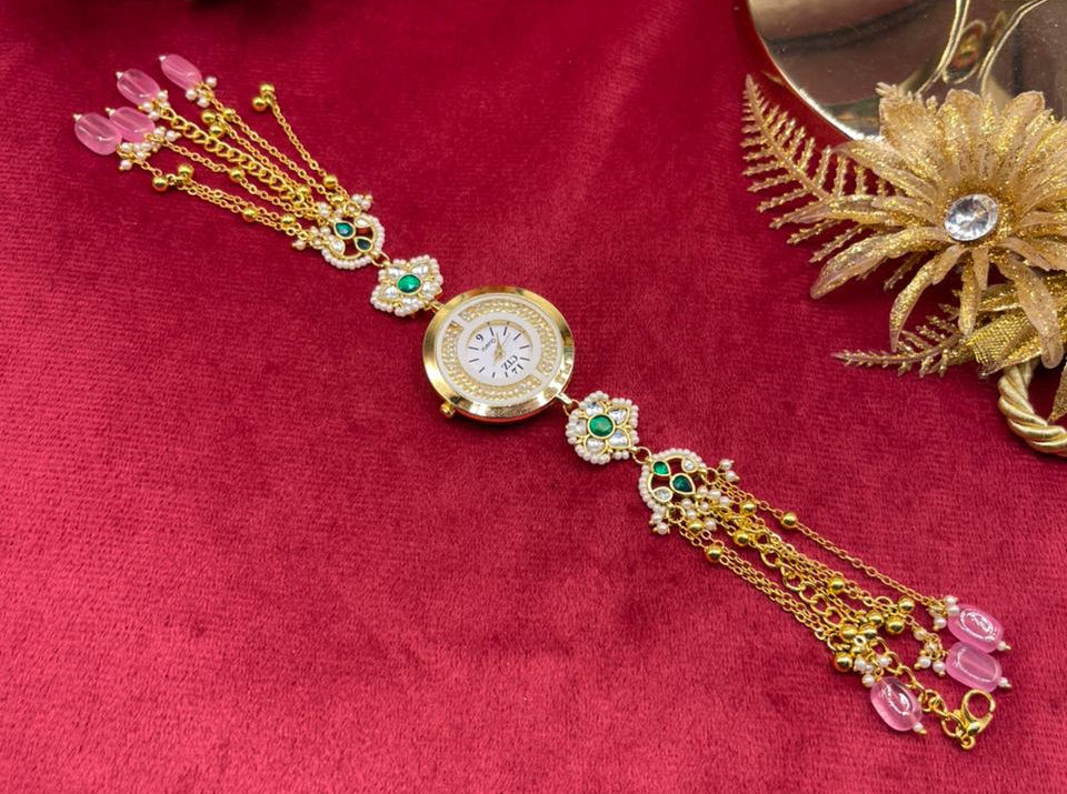 Rose Gold Floral Charm Kundan Watch