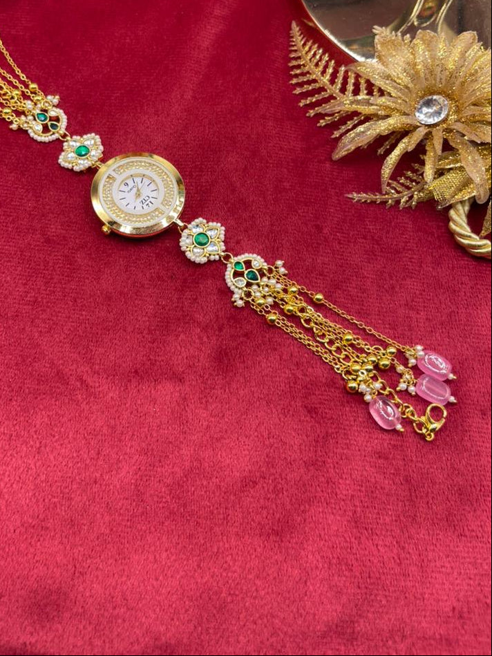 Rose Gold Floral Charm Kundan Watch