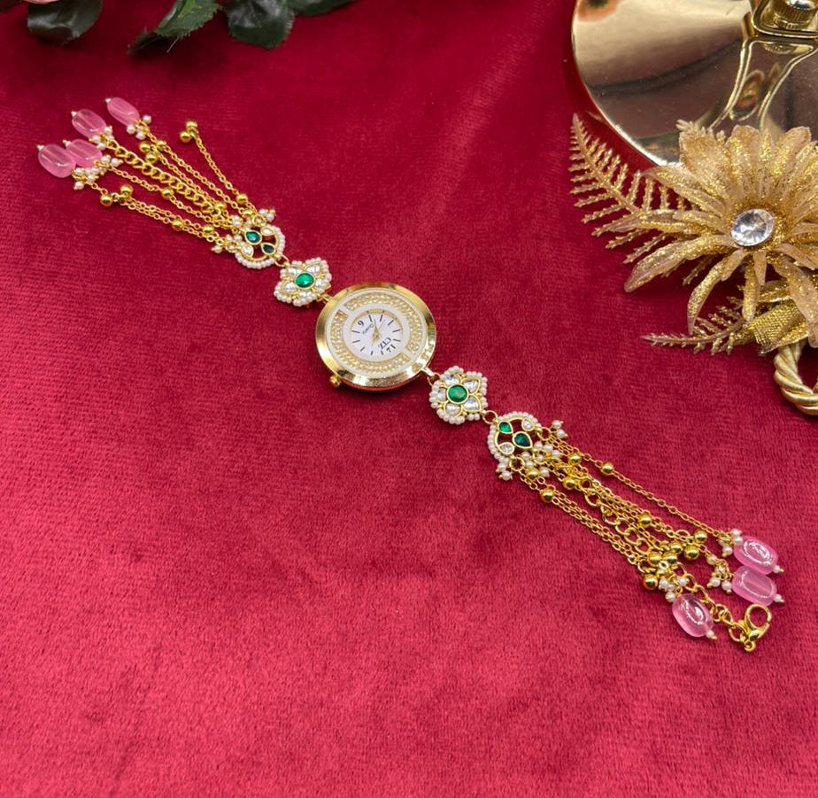 Rose Gold Floral Charm Kundan Watch