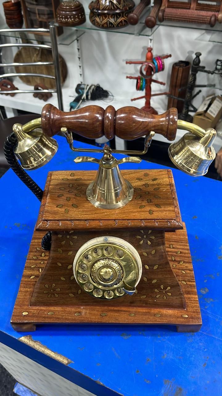 Royal Maharaja Handcrafted Wooden Vintage Telephone (Brass)