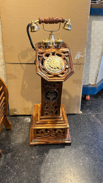 Handcrafted Sheesham Wood Vintage Rotary Telephone with Stand & Pure Brass Detailing- Made to order, ships in 10 days