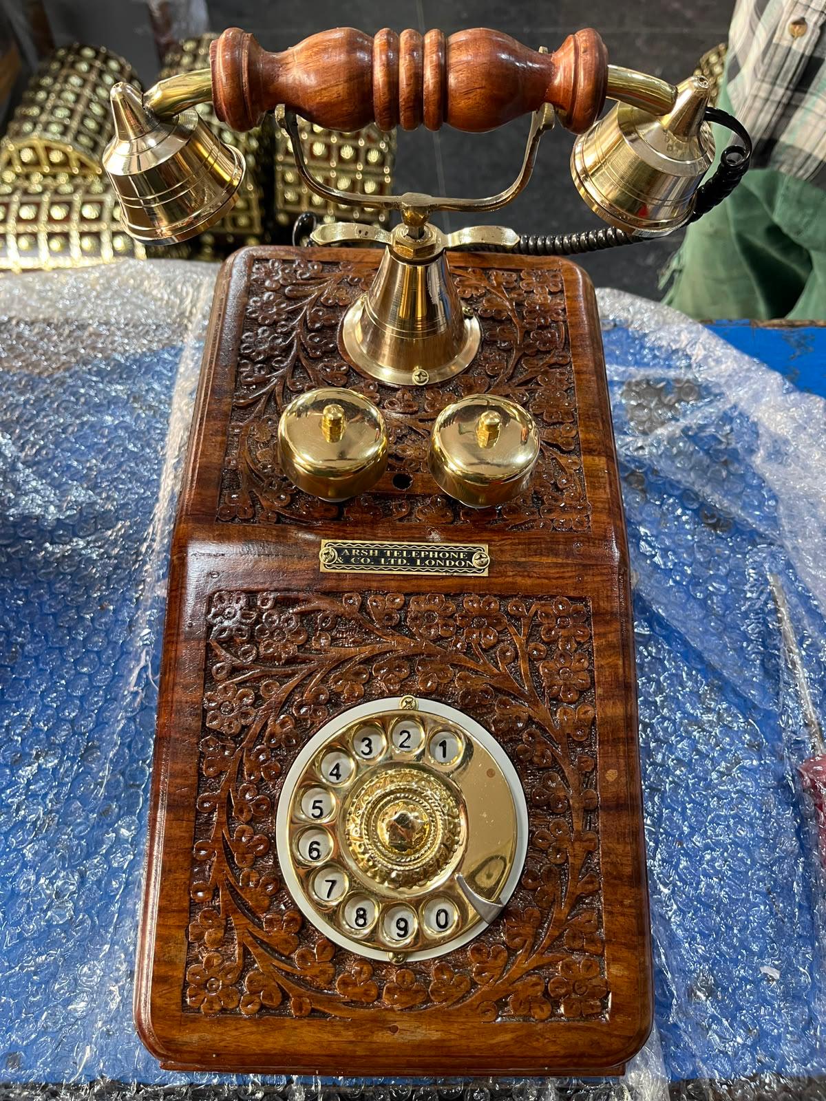 Real Functional Handcrafted Sheesham Wooden Vintage Rotary Dial Telephone with Brass Work (USE AS A UNIQUE DECOR PIECE )