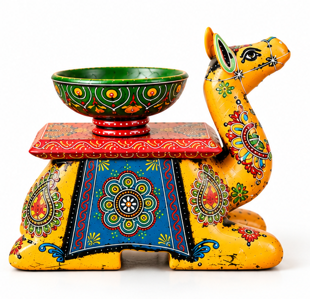 Trendytix Handcrafted Wooden Camel Bowl Stand – Yellow Folk Art Decorative Table(full set)