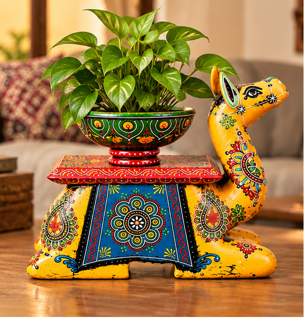 Trendytix Handcrafted Wooden Camel Bowl Stand – Yellow Folk Art Decorative Table(full set)