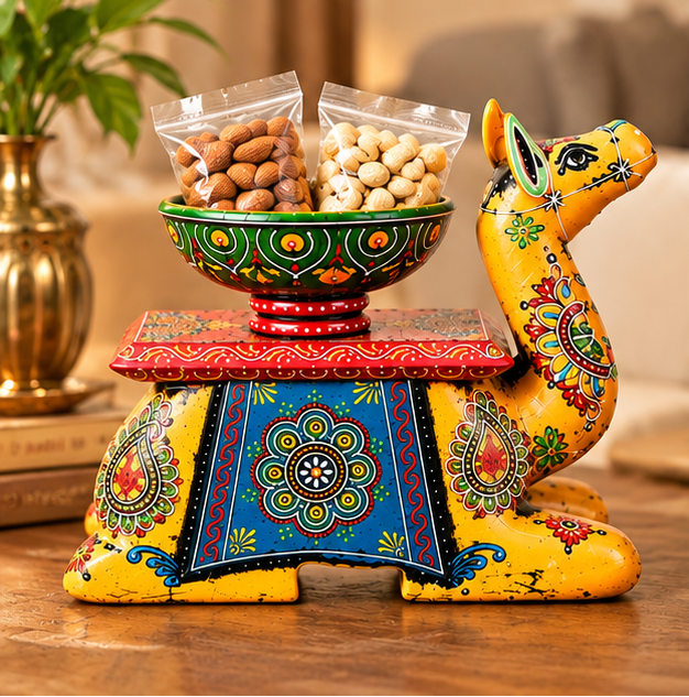 Trendytix Handcrafted Wooden Camel Bowl Stand – Yellow Folk Art Decorative Table(full set)