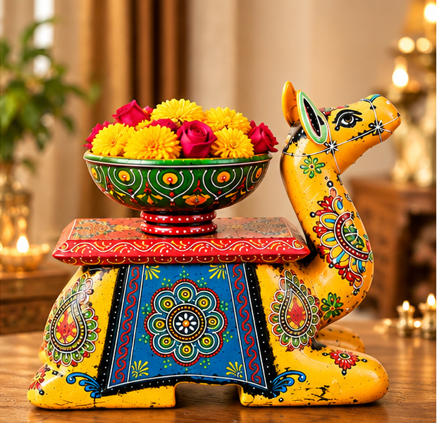Trendytix Handcrafted Wooden Camel Bowl Stand – Yellow Folk Art Decorative Table(full set)