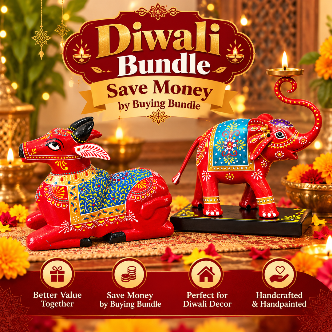 Diwali Special Handcrafted Nandi & Elephant Diya Holder Bundle Set | Traditional Handpainted Wooden Decor Set