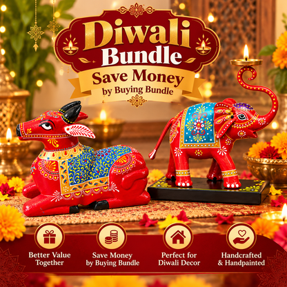 Diwali Special Handcrafted Nandi & Elephant Diya Holder Bundle Set | Traditional Handpainted Wooden Decor Set