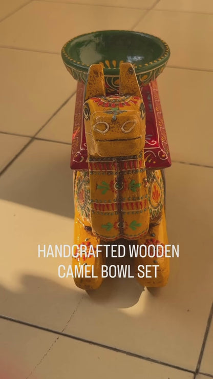 Trendytix Handcrafted Wooden Camel Bowl Stand – Yellow Folk Art Decorative Table(full set)
