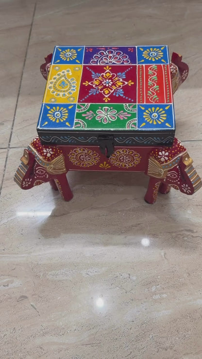 Handcrafted & Hand Painted Wooden Elephant Chowki with Multistorage Box– 11 Inch