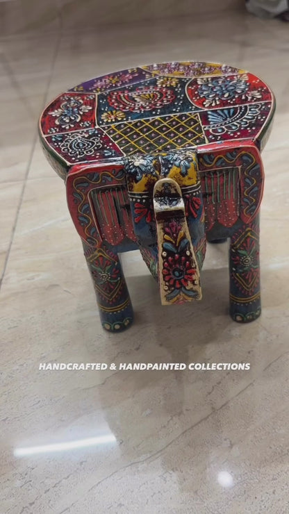 Handcrafted & Hand Painted Blue Wooden Elephant Stool – 8 Inch