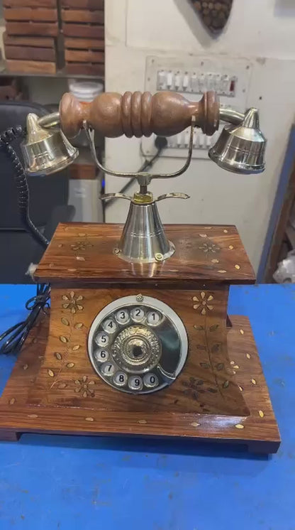 Royal Maharaja Handcrafted Wooden Vintage Telephone (Brass)