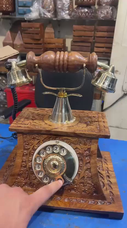 REAL Heritage Handcrafted Carved Wooden Vintage Telephone (USE AS A UNIQUE DECOR PIECE )