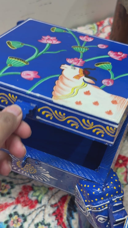 Trendytix Handcrafted & Hand-Painted Wooden Elephant Storage Box Chowki – Blue Lotus Design