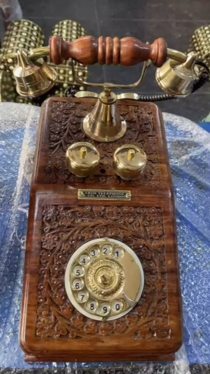 Real Functional Handcrafted Sheesham Wooden Vintage Rotary Telephone with Brass Work